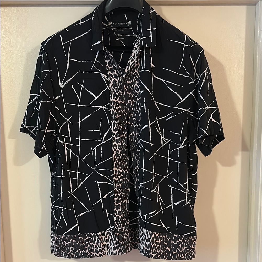 All Saints Black and White Men's Shirt with Animal Print Accent